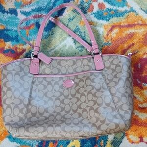 Coach Beige Signature Tote with Pink Trim